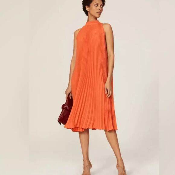 TOME COLLECTIVE Burnt Orange Accordion Pleated Mock Neck Midi Dress Size Small - Picture 1 of 9